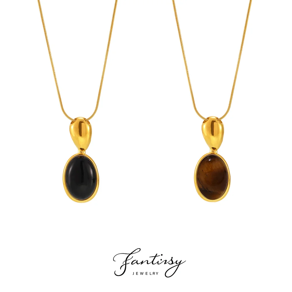 Black Agate Tiger Eye Stone Pendant Necklace Women 316 Stainless Steel Gold Plated 100cm Adjustable Long Necklace Fahion Jewelry