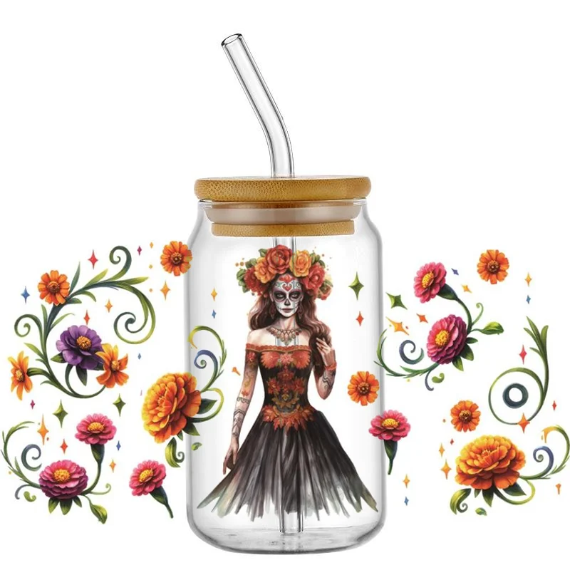 Mexican Day of the Dead DIY Decals 3D transfers uvdtf crystal stickers 16oz uv dtf cup wraps for Libbey Glasses