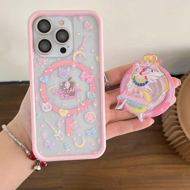 Cute Japan anime Sailor Moon Magnetic Holder Magsafe Wireless Charge Phone Case For iPhone 15 14 13 12 11 Pro Max Hard Cover