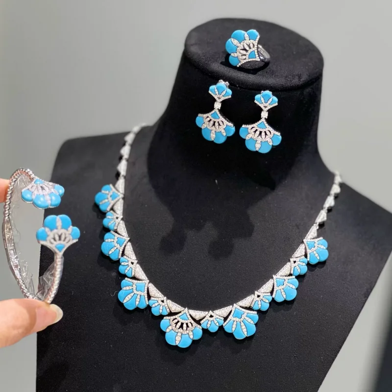 Bellux vintage style fan shaped flower natural mother of pearl artificial turquoise 925 silver gold-plated jewelry set
