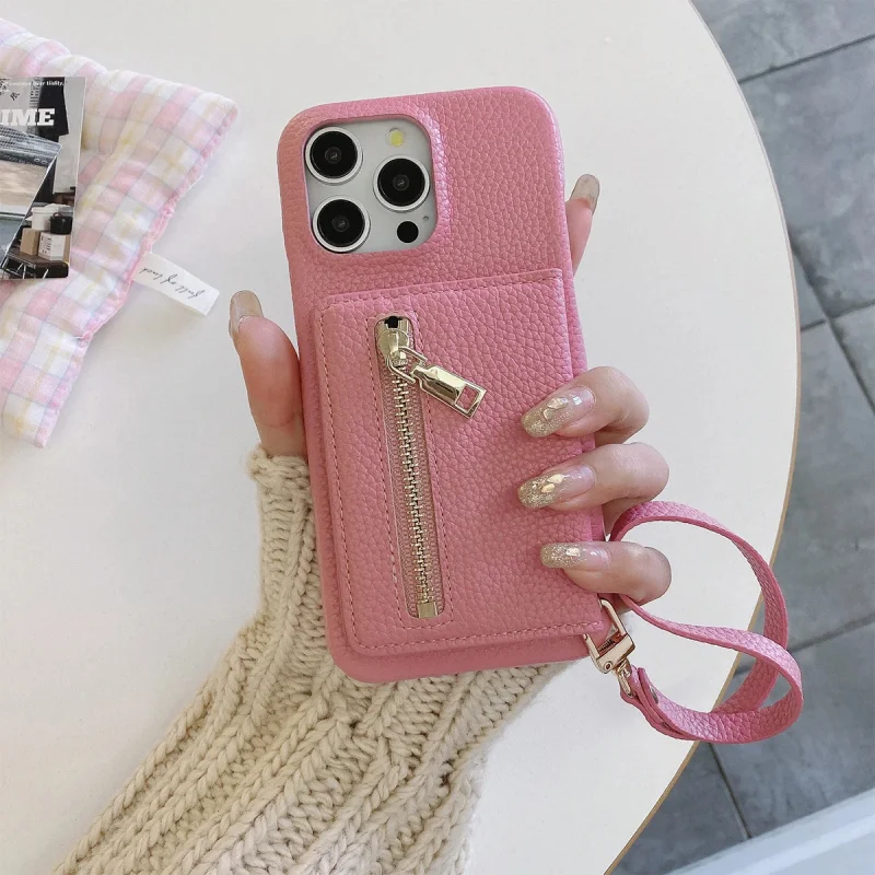

Luxury Lanyard Fold Card Holder Pu Leather Phone Case For Iphone 15 14 13 12 11 Pro Max Lichee Pattern Small Mirror Zipper Cove