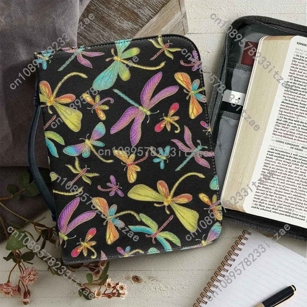 

Women's Bible Bag Christian Church Bible Bag Hot Dragonfly Print Handbags Leather Zippered Handle Bible Storage Bags Custom Gift