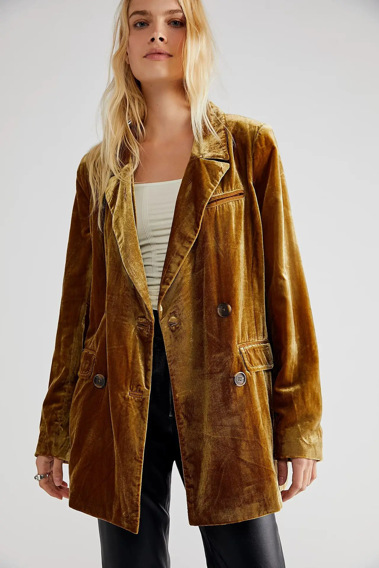 Women's Jacket Split Blazer Solid Color Turn down Collar Button Decoration Elegant Commuter Versatile Comfortable Casual Blazer