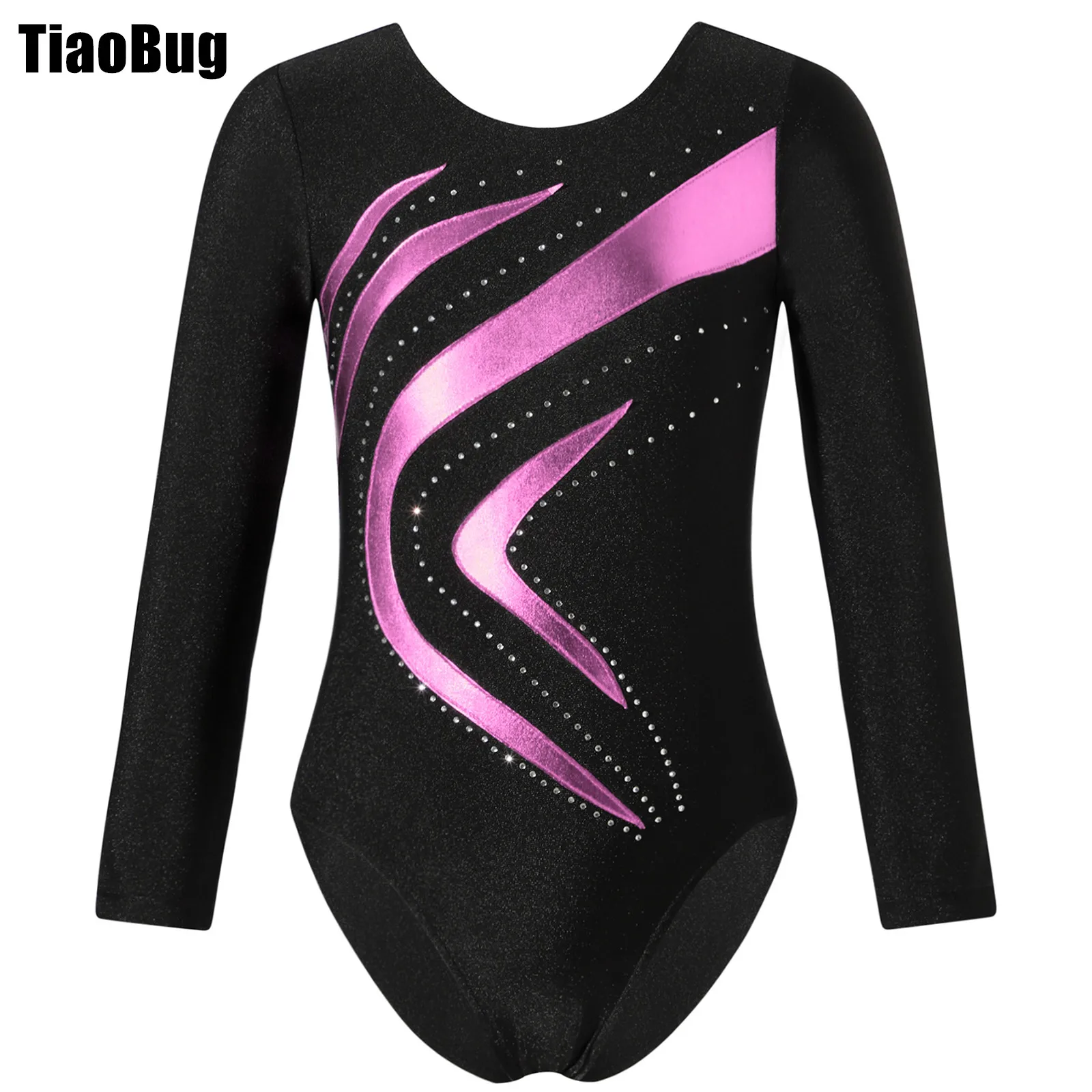 

Kids Girls Shiny Dance Leotards Rhinestone Decorated Long Sleeve Round Neckline Bronzing Cloth Patchwork Style Slim Fit Bodysuit