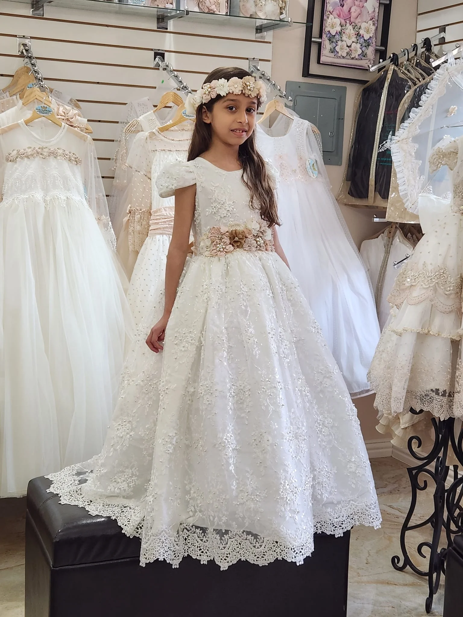 Bohemian Lace Flower Girl Dresses Pearls Girls First Birthday Party Wedding Dress Baby Clothes Fluffy Ball Gown