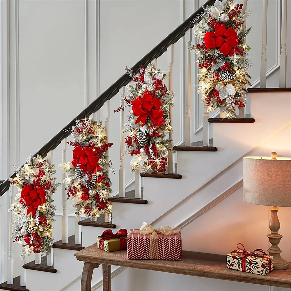 Christmas Wreath Garland Door Wreath With Led Light Hanging Staircase Decor Xmas Ornaments New Year Christmas Decoration 2024