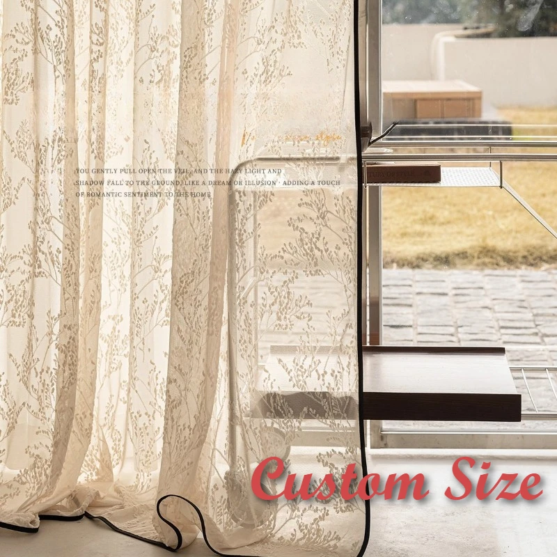 

Custom Size Embroidered French Retro Black Edge Relief Jacquard Window Veil White Tulle Curtains for Living Dining Room Bedroom
