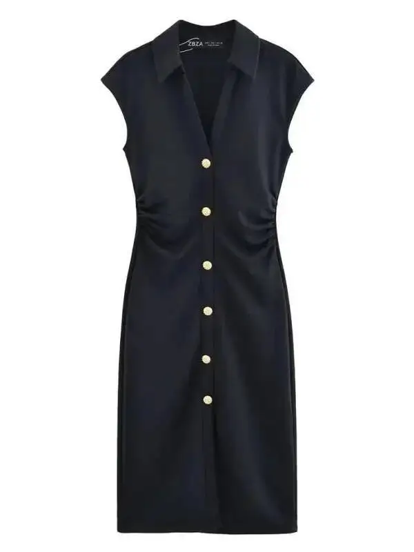 Nowa kolekcja wiosna-lato 2025: elegancka damska sukienka w stylu koszuli z koralikami, z krótkim rękawem, dekoltem w serek, dopasowana, długa spódnica MX4A