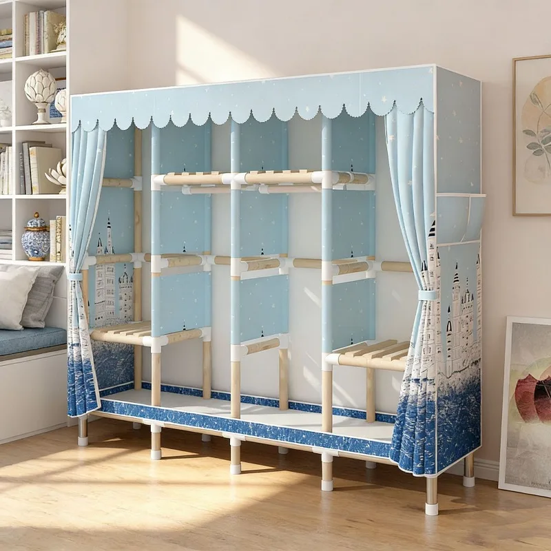 Simple cloth wardrobe Solid wood Durable reinforcement Household bedroom Rental room Fabric wardrobe Storage wardrobe