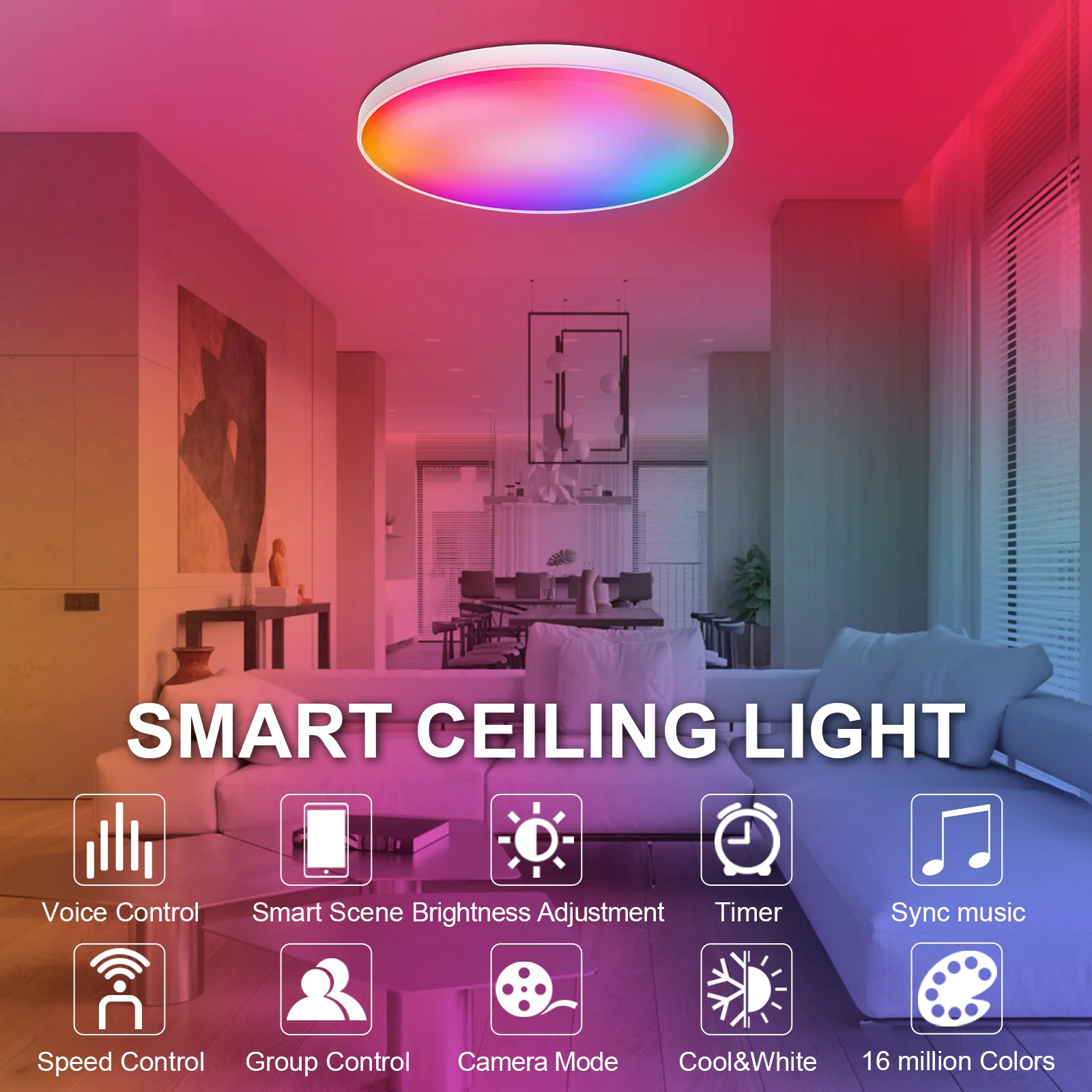 Imagem -02 - Inteligente Luz de Teto Wi-fi Mais Bluetooth 30w 48 Rgb Lustre Luzes Led App Controle Voz Lâmpada para Alexa Google Casa Sala Estar Decoração