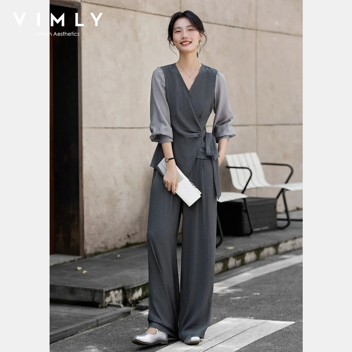 

VIMLY Commute Women's Pants Set Autumn 2025 New V-Neck Tie-Front Fake Two Piece Tops Straight Wide-Leg Trousers Female A3007