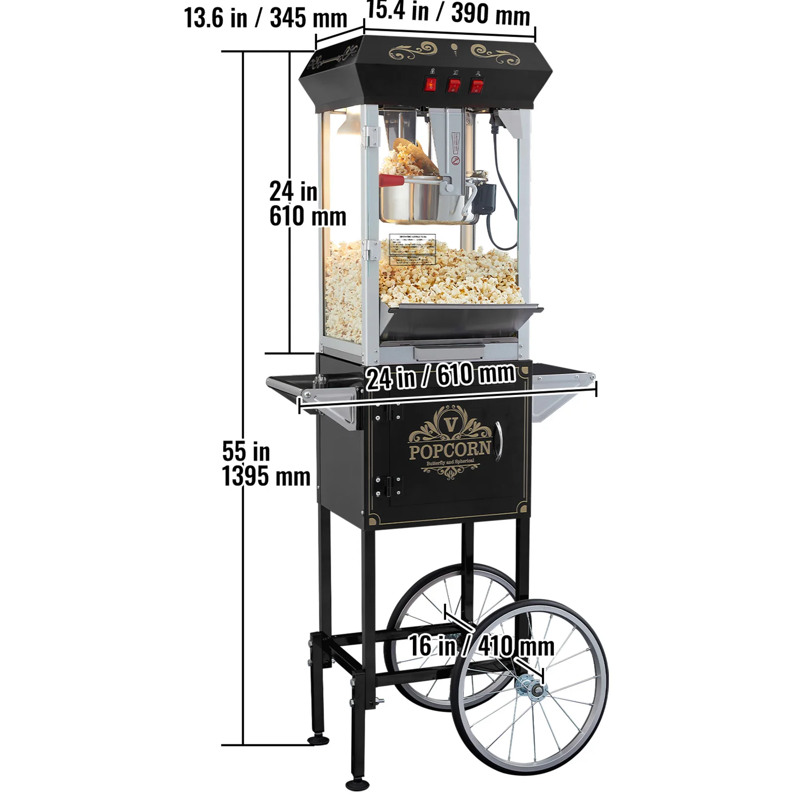 SucceBuy Popcornmaker met kar 8 Oz waterkoker maakt 48 kopjes per batch Popcornmaker Uitgerust met gehard glas Inclusief 4 scoops