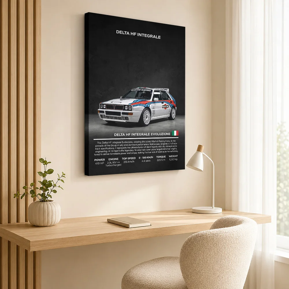 Sleek Rally Italian Delta HF Integrale Martini Racing Framed Canvas Poster Personalized Photo Industrial Wall Art Garage Decor