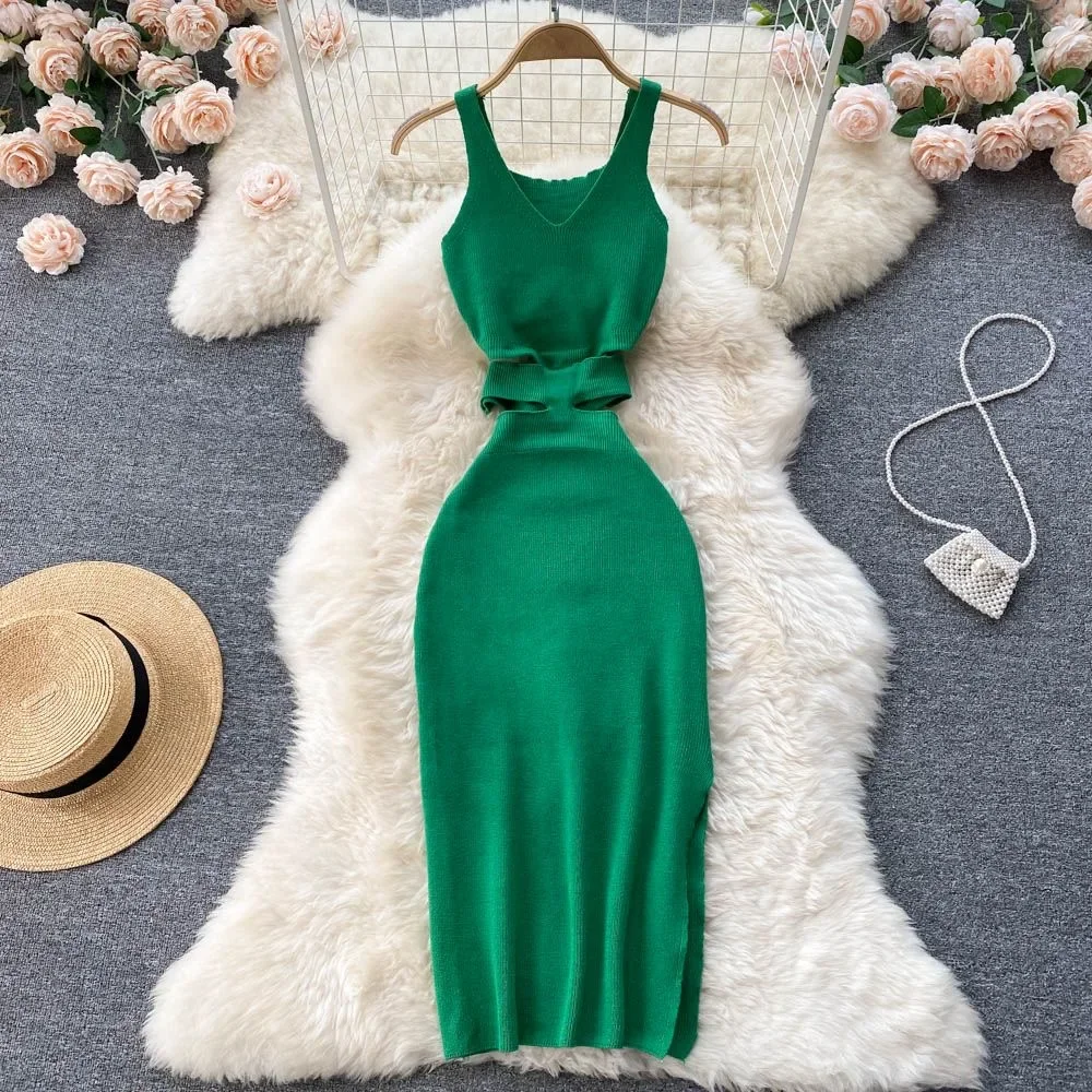 2026 New Summer Women Fashion Knitted Party Vestidos Dress Sexy Cut Out Waist Package Hips Split Bodycon Dress