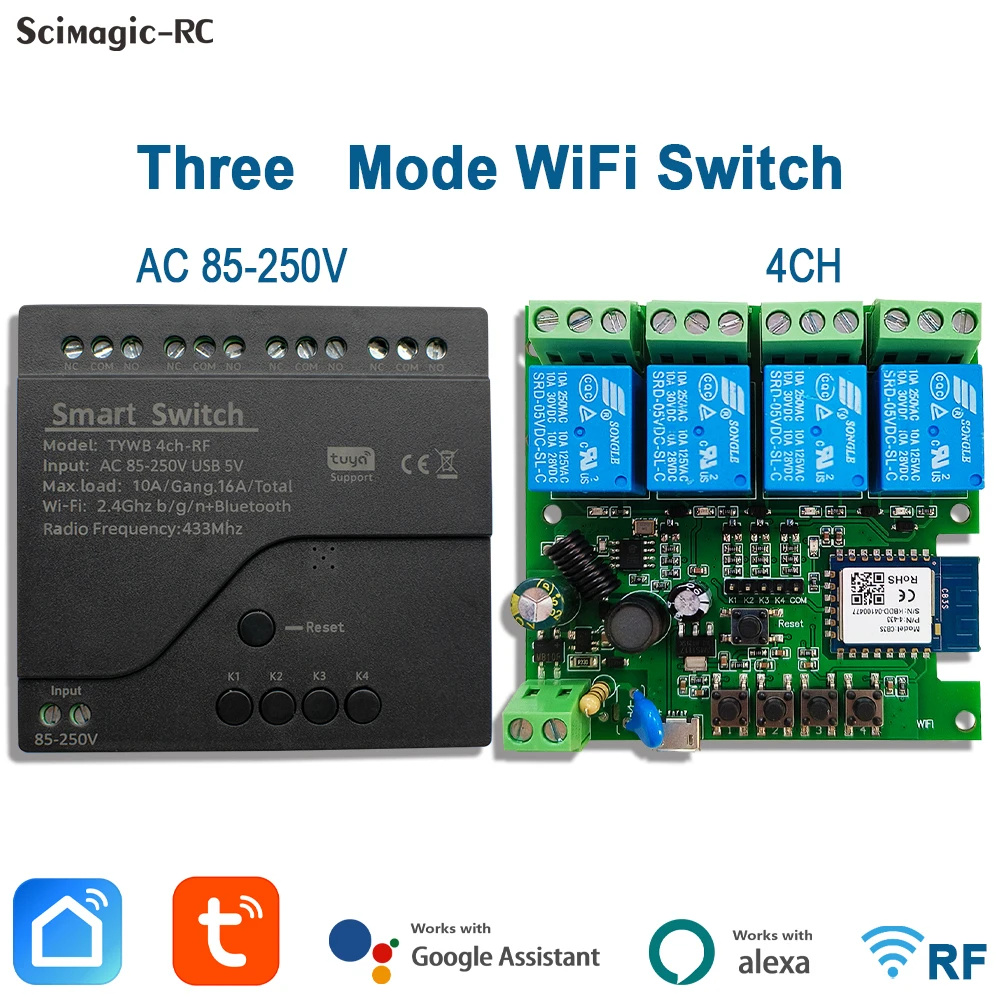 

4 Channel Motor Light Tuya WIFI Smart Switch AC 85-250V USB 5V Inching Timer Controller Circuit Breaker RF Remote Control