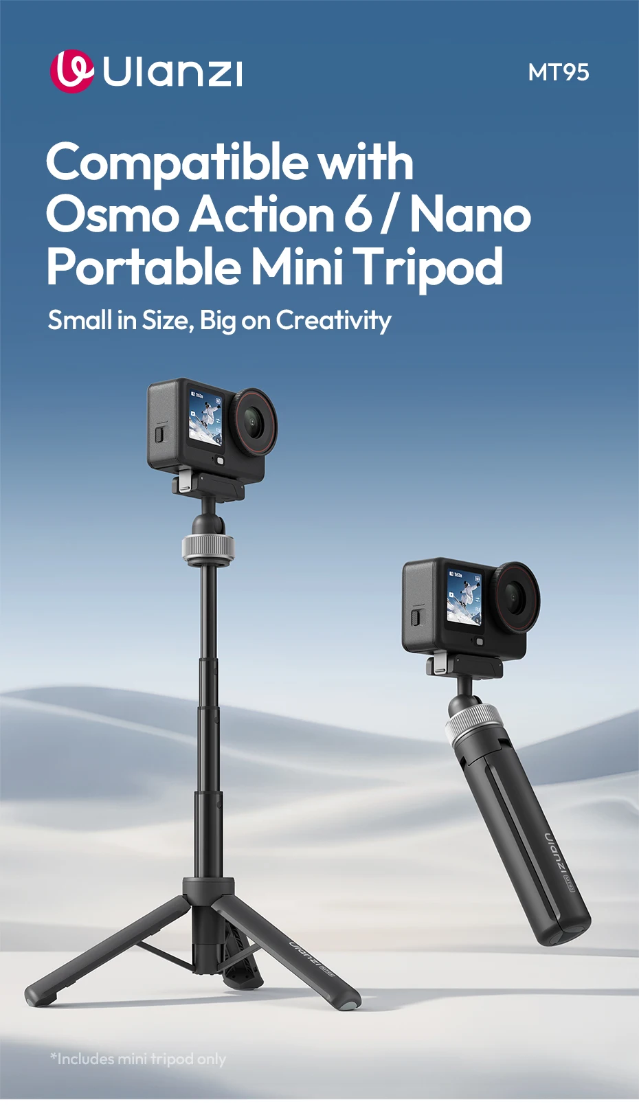 Ulanzi MT95 Portable Mini Tripod Selfie Stick for DJI Osmo Action 6/Nano 5/4/3 for Insta360 X5/X6 for Gopro Tripod for Vlog
