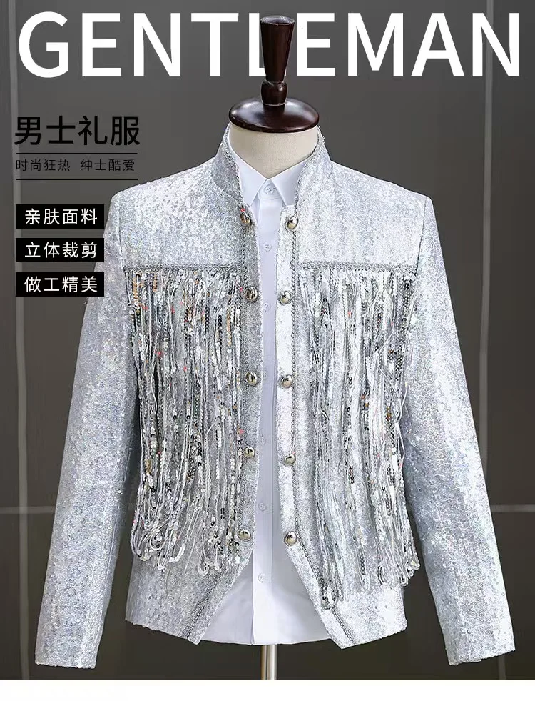 Stage Show Performance Jacket Men's Silver Sequin Tassels LED Luminous Jacket Punk Rock Singer Jazz Dancer Cosplay Costume Adult