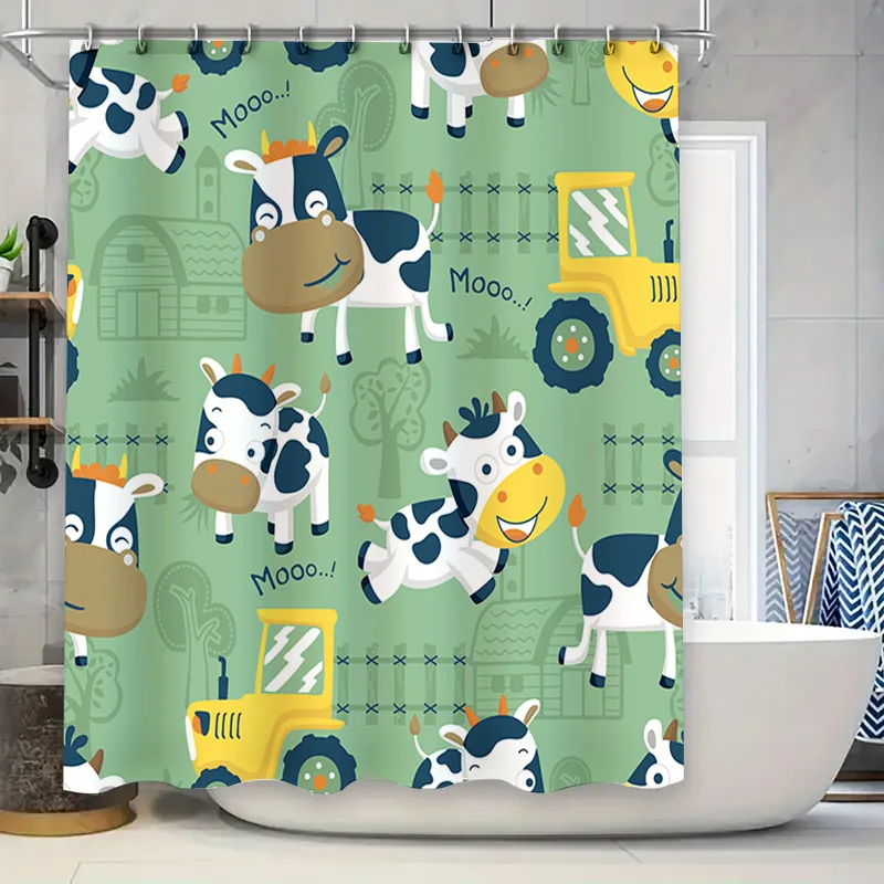 Cow Pattern Shower Curtain Waterproof Home Decor Bathroom Decoration for Kids Room Cute Design Green White Yellow Tractor Set
