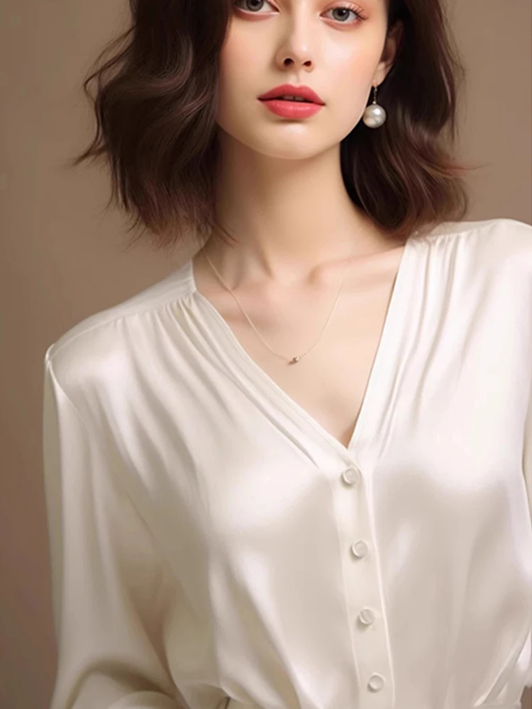 เสื้อไหมชีฟองทรงวี แขนยาว ดีไซน์เกาหลี ให้ความรู้สึกหรูหรา ช่วยพรางหุ่น เหมาะสำหรับใส่ทำงาน สไตล์เกาหลี สำหรับผู้หญิง