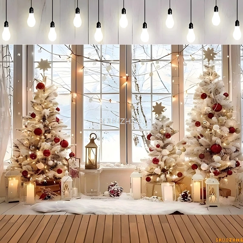 

Merry Christmas Wreath Window Glitter Photography Backdrop Happy New Year Background Family Holiday Party Decoration RR-36