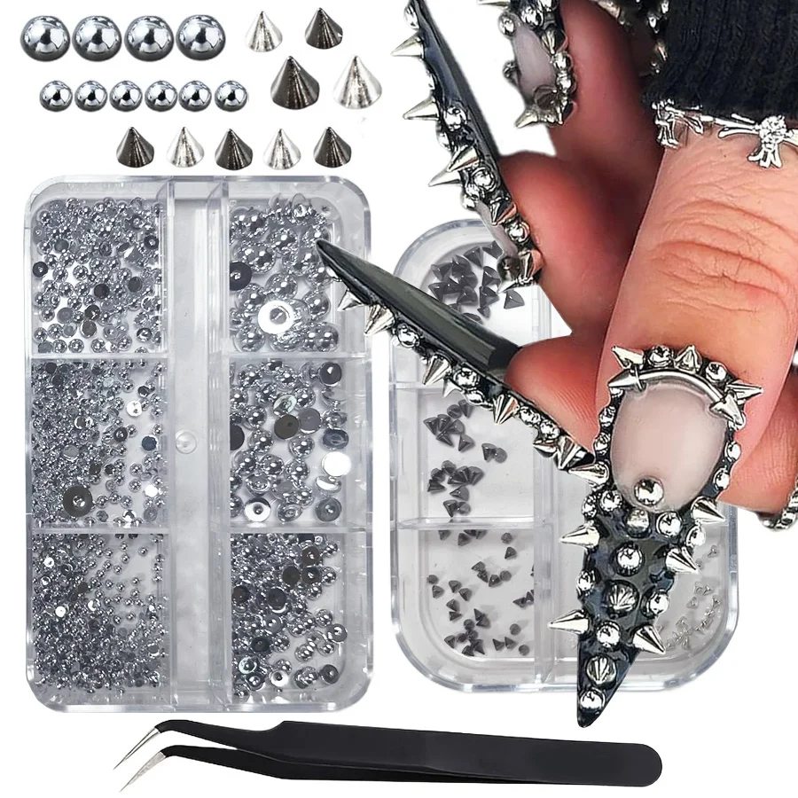 3D Punk Silber-Schwarzes Pyramiden-Nagelschmuck-Set, Metall-Kegelnadeln, Perlen, Nieten, Halloween Gothic Nageldekorationen – Detail 1