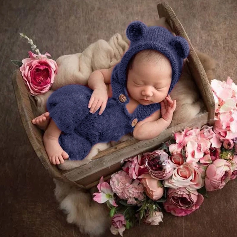 A2UB-Barboteuse avec chapeau et ours pour nouveau-né garçon et fille, accessoires de photographie