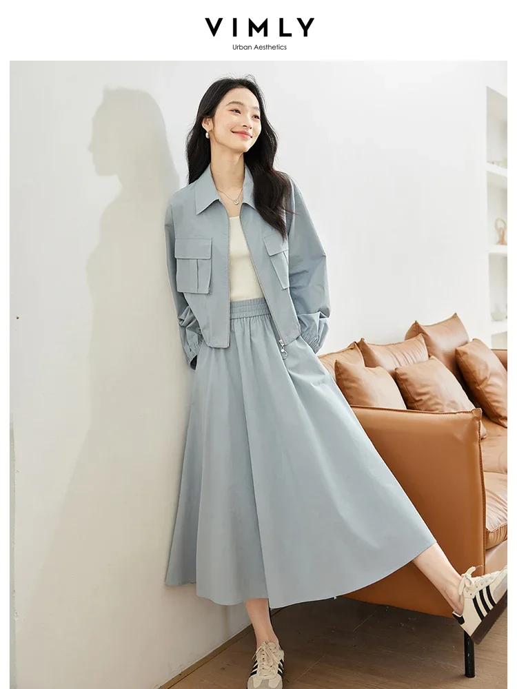 VIMLY Minimalist New Dress Sets For Women Autumn Lapel Neck Loose Casual Coat Simple Straight Skirt Commuter Two-piece Set M8268