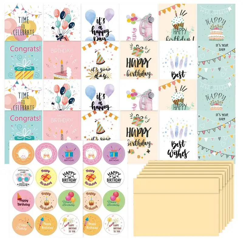 Birthday Cards 24X Blank Blessing Cards With Envelopes And 2 Sheet Stickers 12 Designs Creative Cards Assortment For Kids &