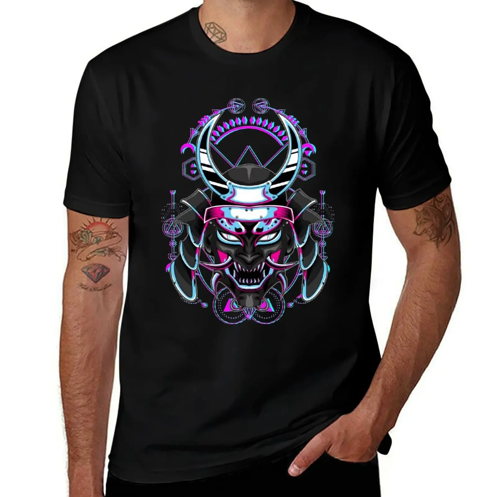 Yokai Oni Masked Samurai Skull Mask Purple Blue Geometry Glitch Effect Hannya T-Shirt topping custom shirt mens fashion