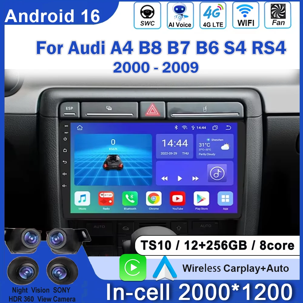 Radio Multimedia Android para Audi A4 B8 B7 B6 S4 RS4 2000 - 2009 SEAT Exeo, Reproductor Autoradio con Carplay, GPS y Navegación