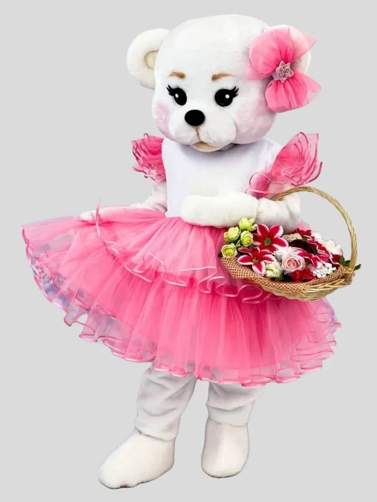 

Pink Yarn Dress grey Teddy Bear Mascot Costume Cartoon white Bear Doll Clothes Halloween Christmas Fancy Party outfits