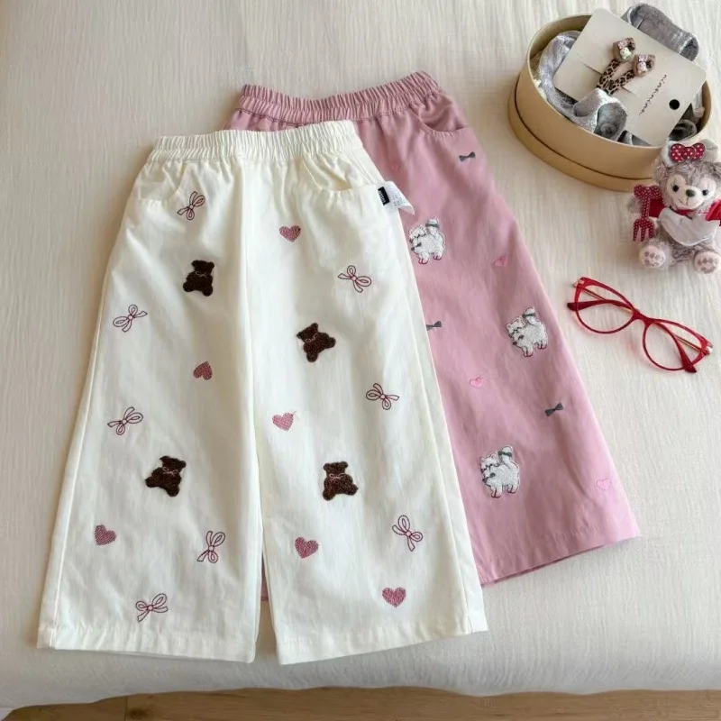 

2026 Spring and Autumn New Korean Sle Girls Fashion Wide Leg Pants Cartoon Bear Casual Long Pants