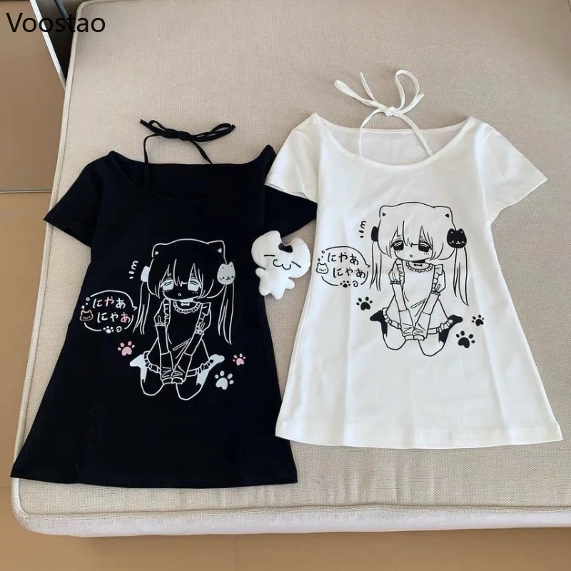 

Japanese Kawaii Lolita Style T-Shirts Women Y2k Aesthetic Anime Print Halter Slim Tops Sweet Cute Short Sleeve Gothic Punk Tees