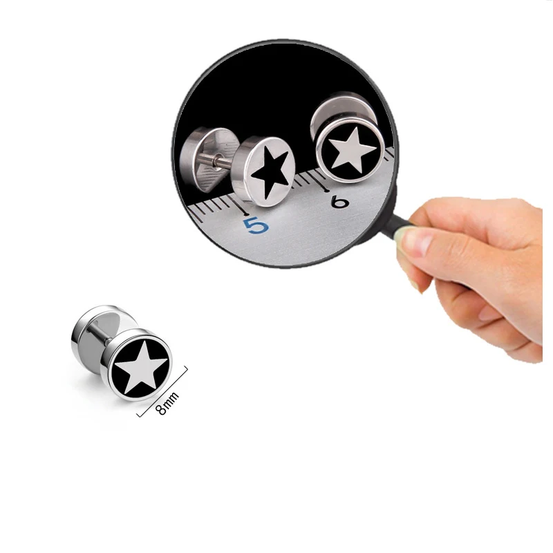 2pcs Unisex Fashion Street Cool Stainless Steel Star Round Dumbbell Stud Earrings for Men Women Daily Party Wear Jewelry 8mm