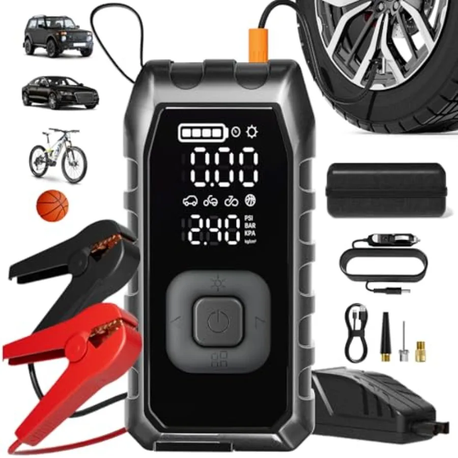 Tire Inflator Portable Air Compressor Air Pump for Car Tires with Jump Starter Digital Pressure Gauge Tire Pump for Car