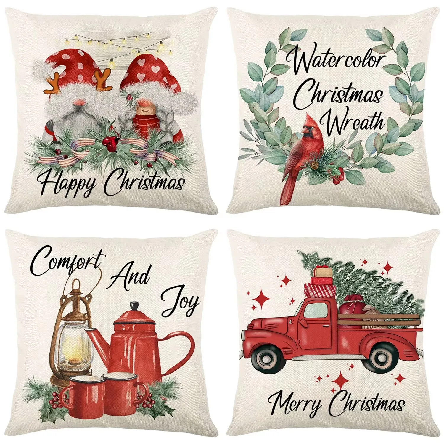 4 Pack Cute Pink Christmas Decorative Throw Pillow Covers,Snowman and Reindeer Festive Pattern Cushion Cover For Sofa Car Chair