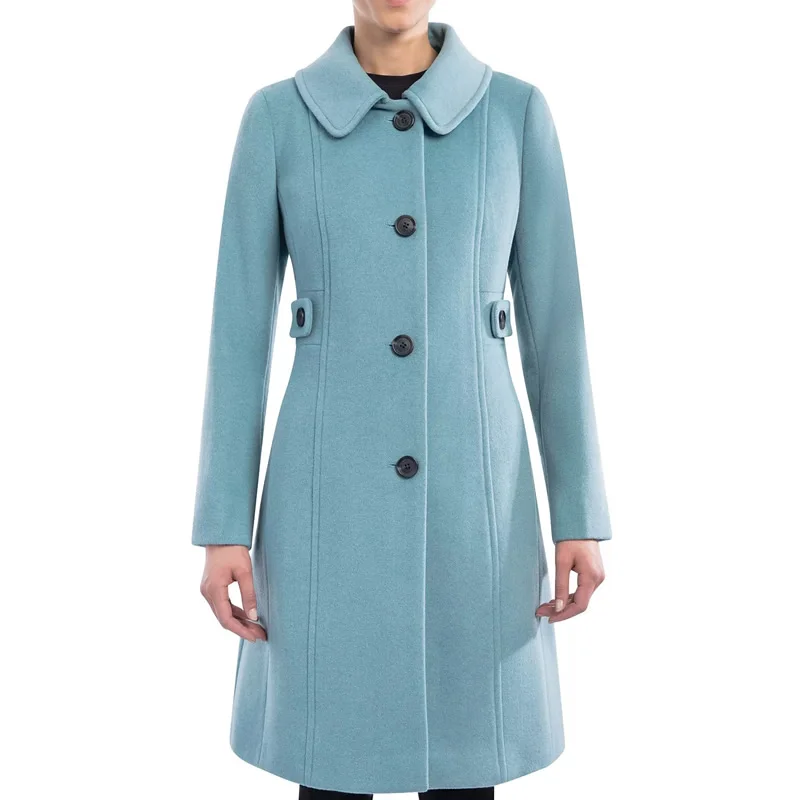 Women's Blue Wool Coat, Slim Long Sleeve, Winter Fashion, New Arrival