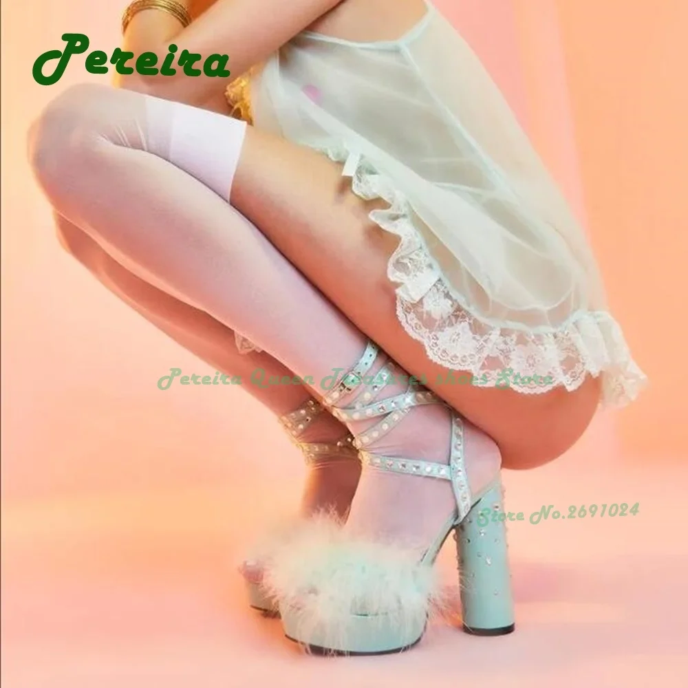 Fluffy Heels Rhinestones Platform Straps Cross Peep Toe Lace Up Buckle Block Heels Women's Sandals 2023 New Summer Party Shoes