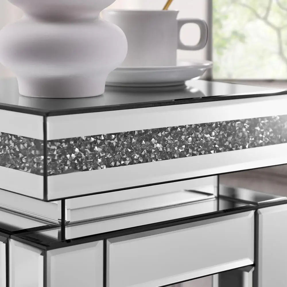 Mirrored End Table Crystal Inlay 2-Tier Square Sofa Side Table Modern Silver Accent Storage 26"H