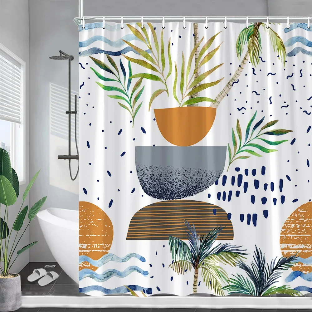 Tropical Plant Shower Curtains Palm Leaf Pink Flowers Hummingbirds Green Leaves Bath Curtain Fabric Bathroom Decor with Hooks