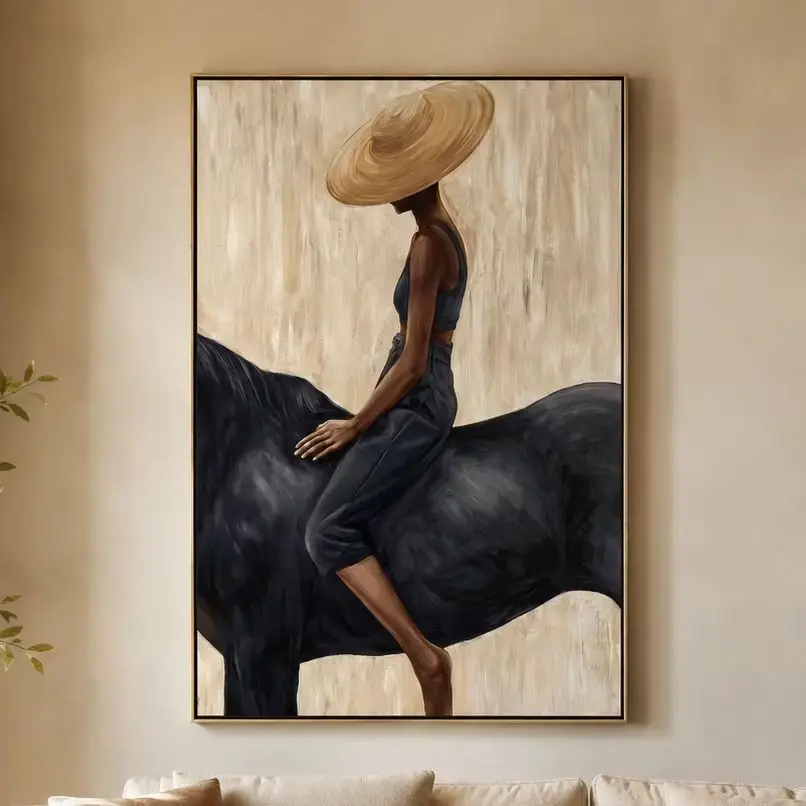 Grace in the Wild - Modern Fashion Black Horse & Woman Painting | Canvas Wall Printfor Bedroom, Living Room, Office