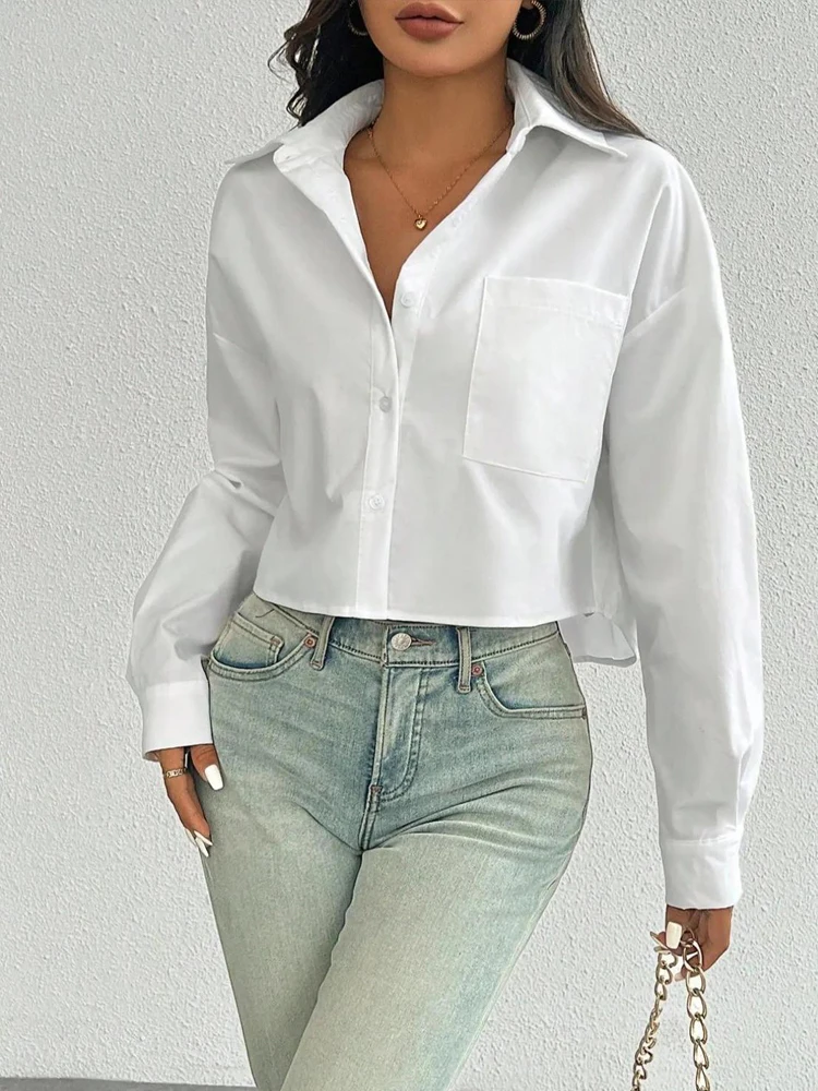 Zadily 2025 Autumn Women's White Turn-Down Collar Long Sleeve Cropped Shirt with Pocket Casual Loose Blouse Clothing