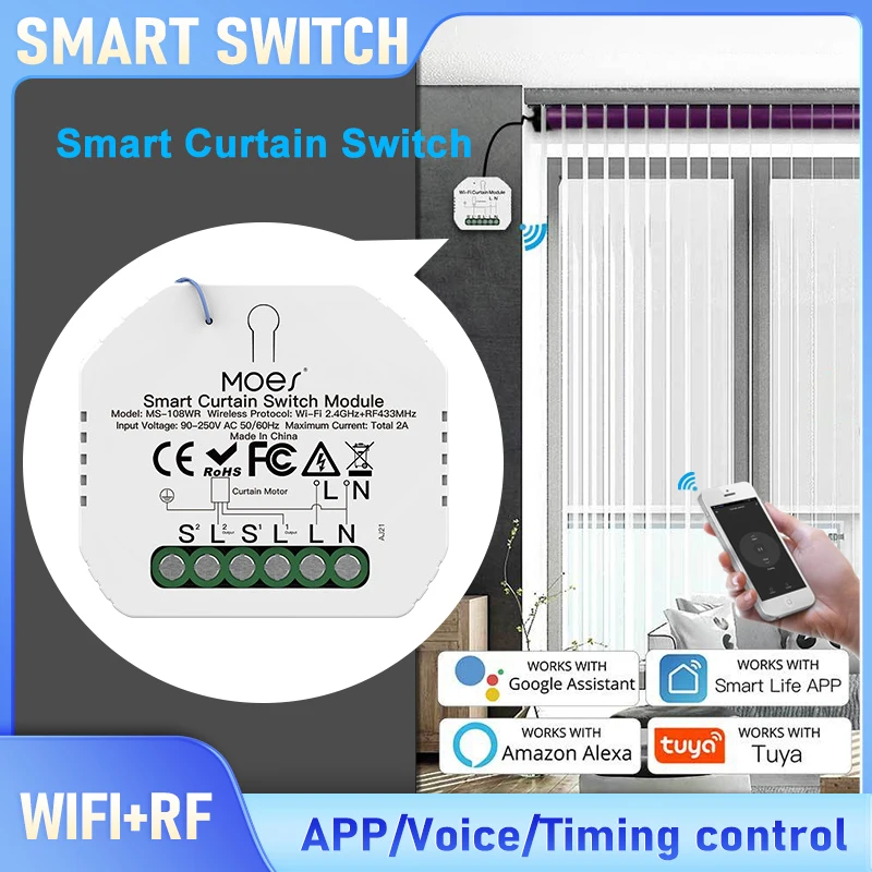 

Умный переключатель штор Tuya WiFi + RF, беспроводной контроллер жалюзи, работа с голосовым управлением Alexa/Google Assistan для домашней автоматизации