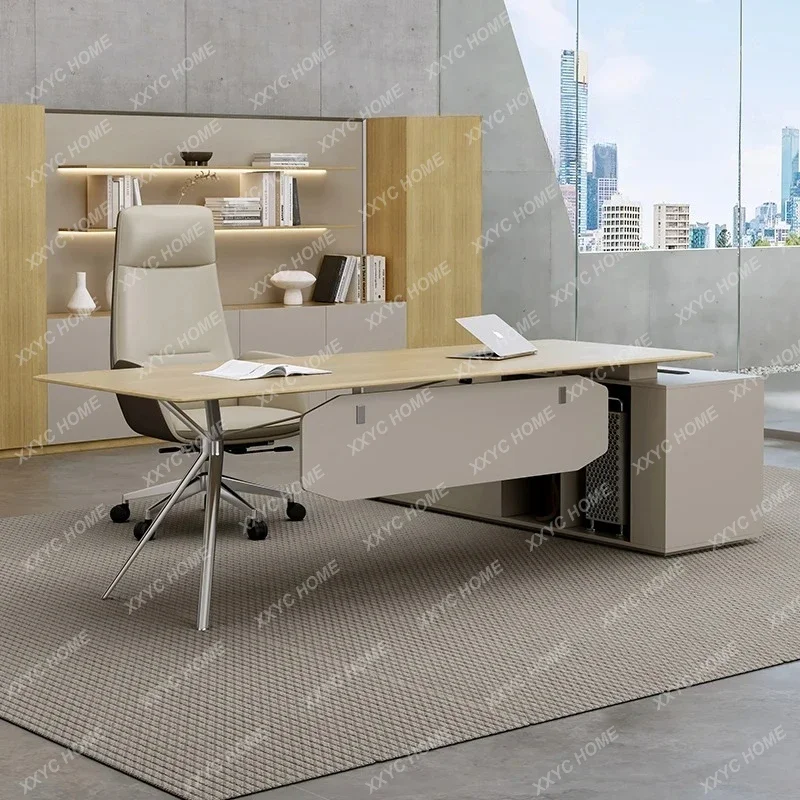 A  President's desk, simple and modern high-end oak color, large desk manager's office atmosphere, single desk