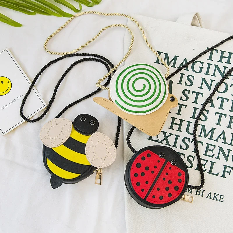 Bolso de mensajero de piel sintética para niños, bolsa de hombro con dibujos animados de abeja, mariquita y caracol, monedero, accesorios bonitos para niños, regalo