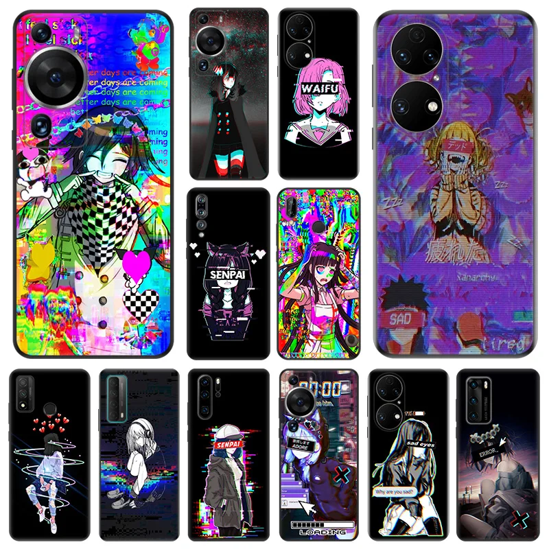 Matte Soft Phone Case for Honor X7 b X8 X9 X6a 90 70 8X Magic5 Anime Vaporwave Glitch Art Huawei P40 P30 P20 P Smart Black Cover