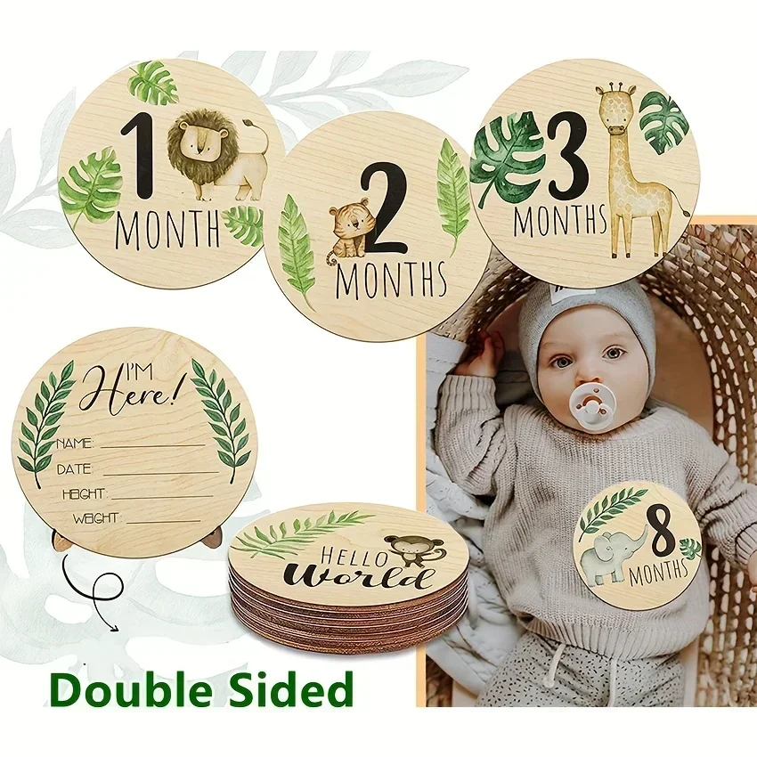 7PCS Wooden Baby Monthly Milestone Photo Cards Double Sided Photo Prop Boys Girls Shower Gift Pregnancy Growth Announcement Card