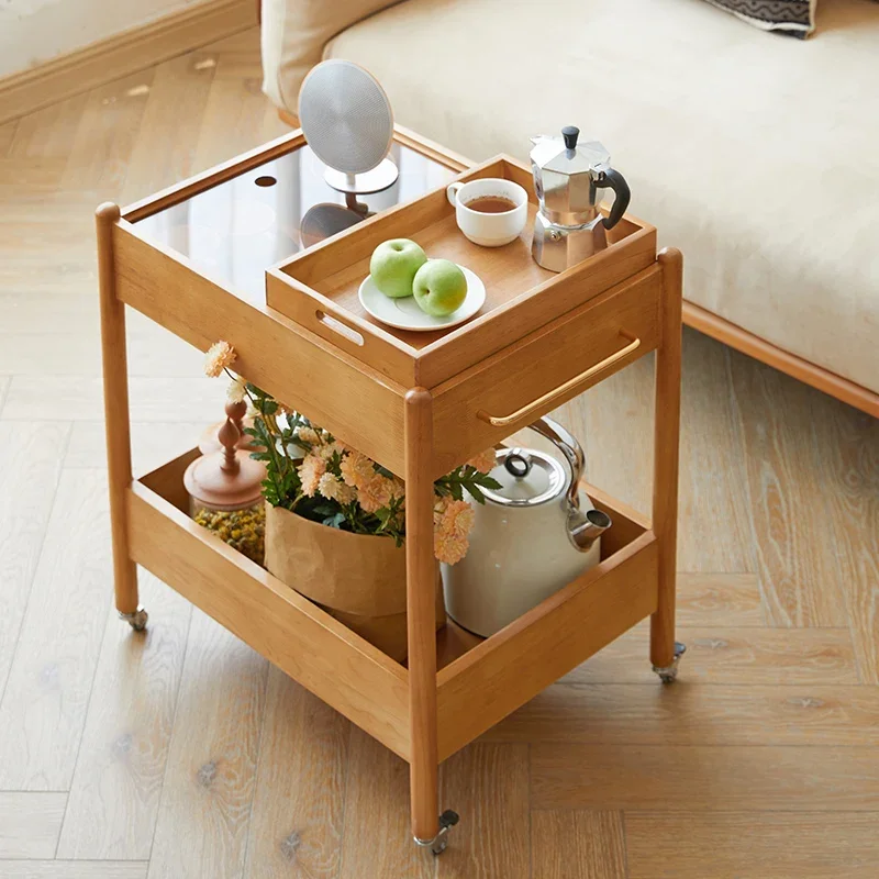 طاولة جانبية متحركة من الخشب الصلب، طاولة قهوة بسيطة، دفع تخزين صغير بعجلات