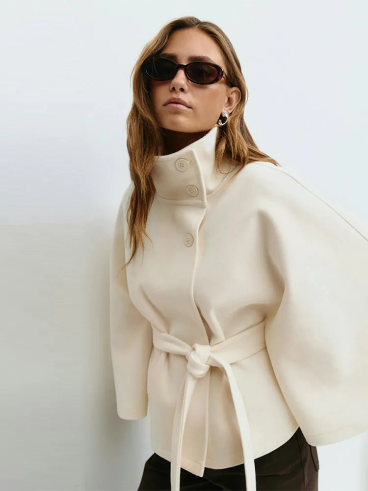 

Fashion Solid Stand Collar Short Jacket Women Elegant Flared Sleeve Buttoned Lace Up Coats 2025 Autumn Lady Office Street Wear