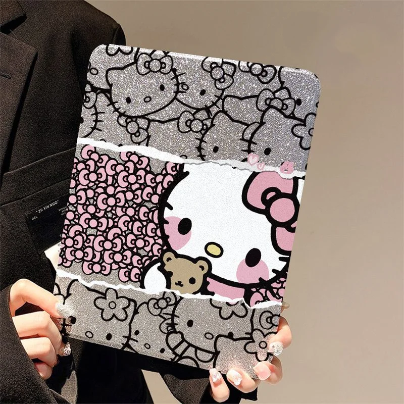 Sanrio Hello Kitty Ipad Case Kawaii Glitter Bow Anti-Fall Protective Case for Ipad 7/8/9Th 10Th Generation 10.9 Air 3 4 5 Mini 6